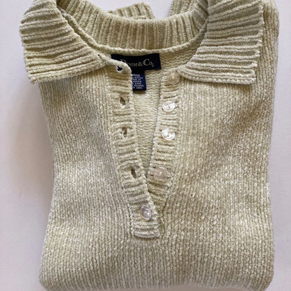 Denim & Co. Chenille Polo Style Tunic Sweater/Celery/Size L/NEW!